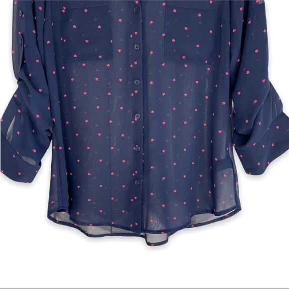 Express Portofino Shirt Semi Sheer Navy Heart Print Button Down - Picture 5 of 8